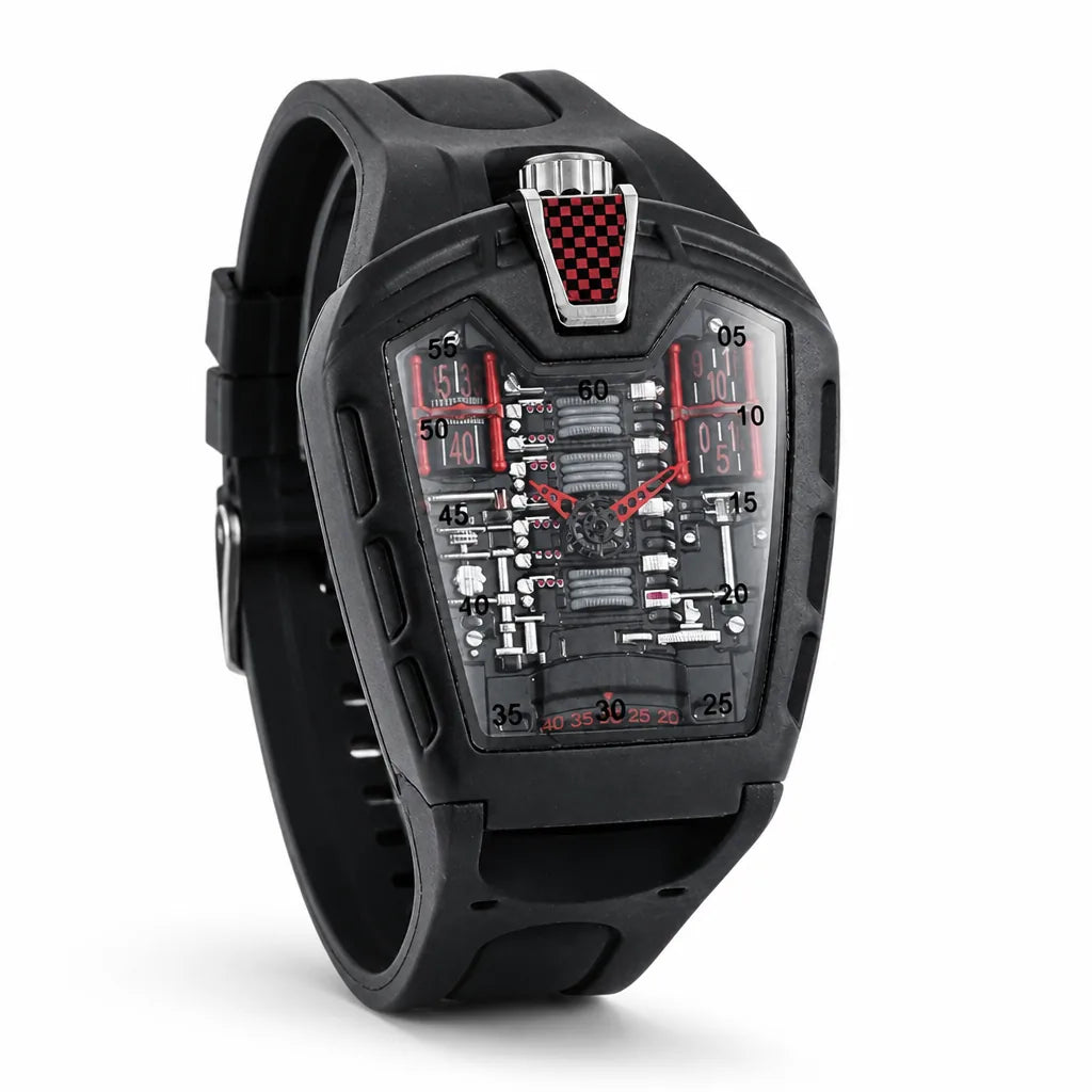 Men's Watch Skeleton Dial Crystal Glass & Silicone Strap