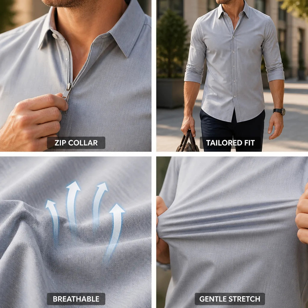 Men's Zip Shirt Tailored Fit Breathable Stretch