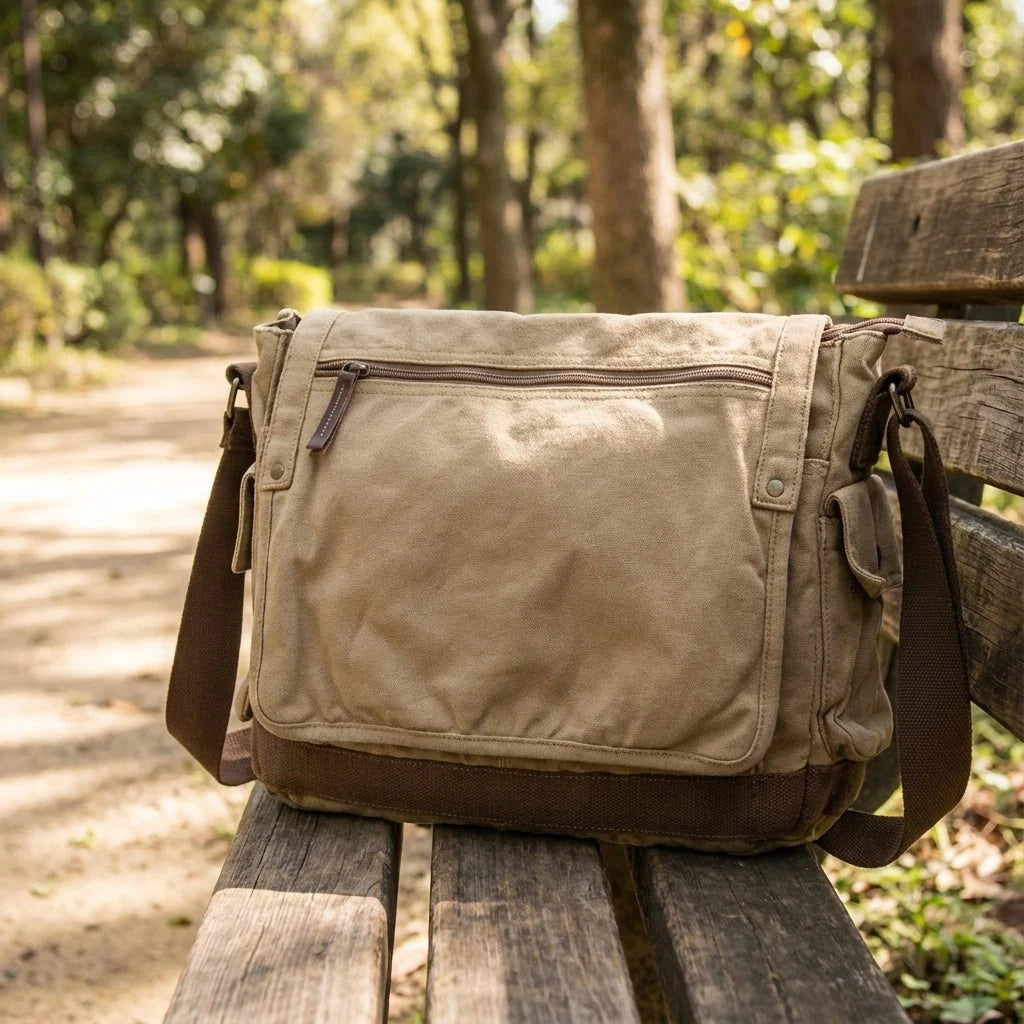 Messenger Bag Pre-Washed Cotton Canvas Spacious Multi-Pocket Storage