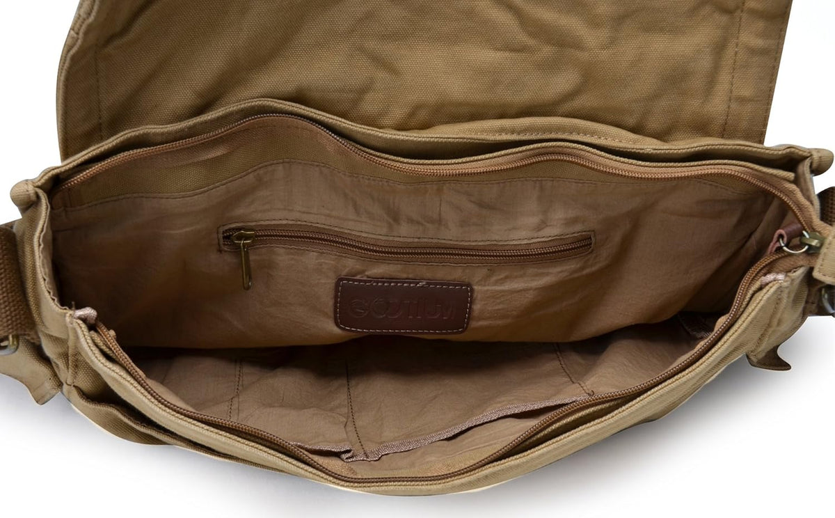 Messenger Bag Pre-Washed Cotton Canvas Spacious Multi-Pocket Storage