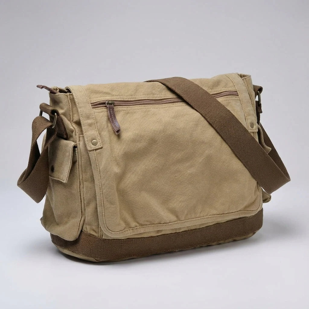 Messenger Bag Pre-Washed Cotton Canvas Spacious Multi-Pocket Storage