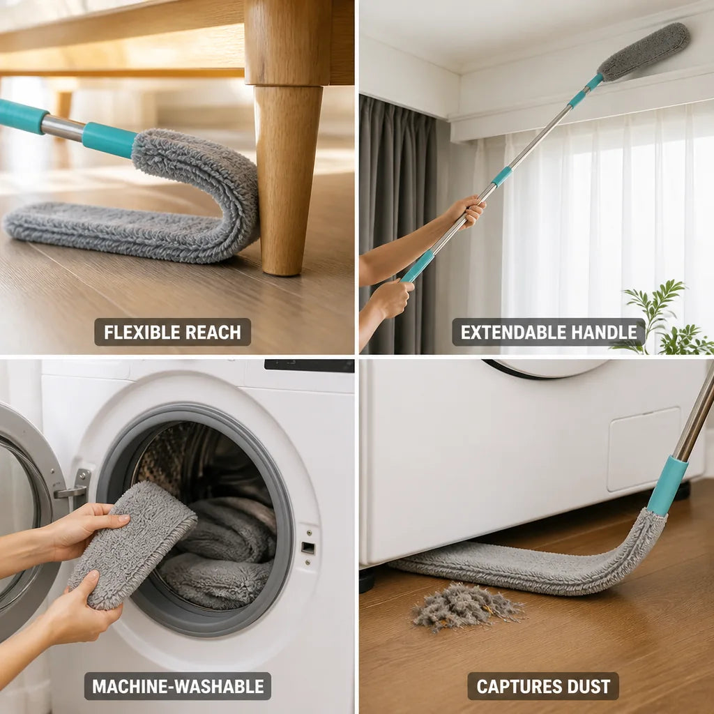 Microfiber Duster Bendable Head Telescoping Handle Machine-Washable Covers