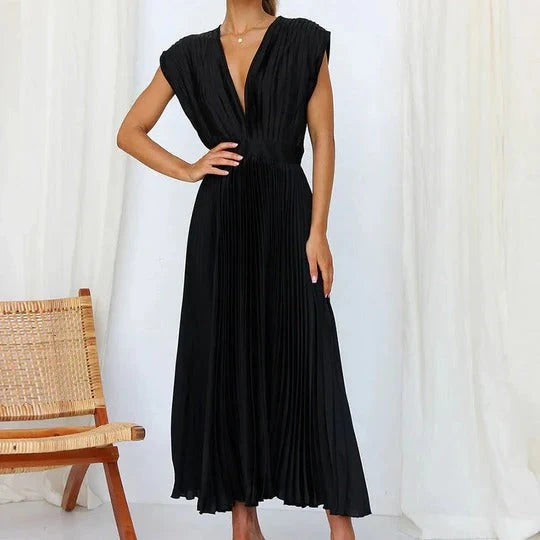 Midi Dress V-Neck Tie Back Pleated Skirt