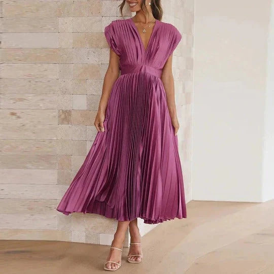 Midi Dress V-Neck Tie Back Pleated Skirt