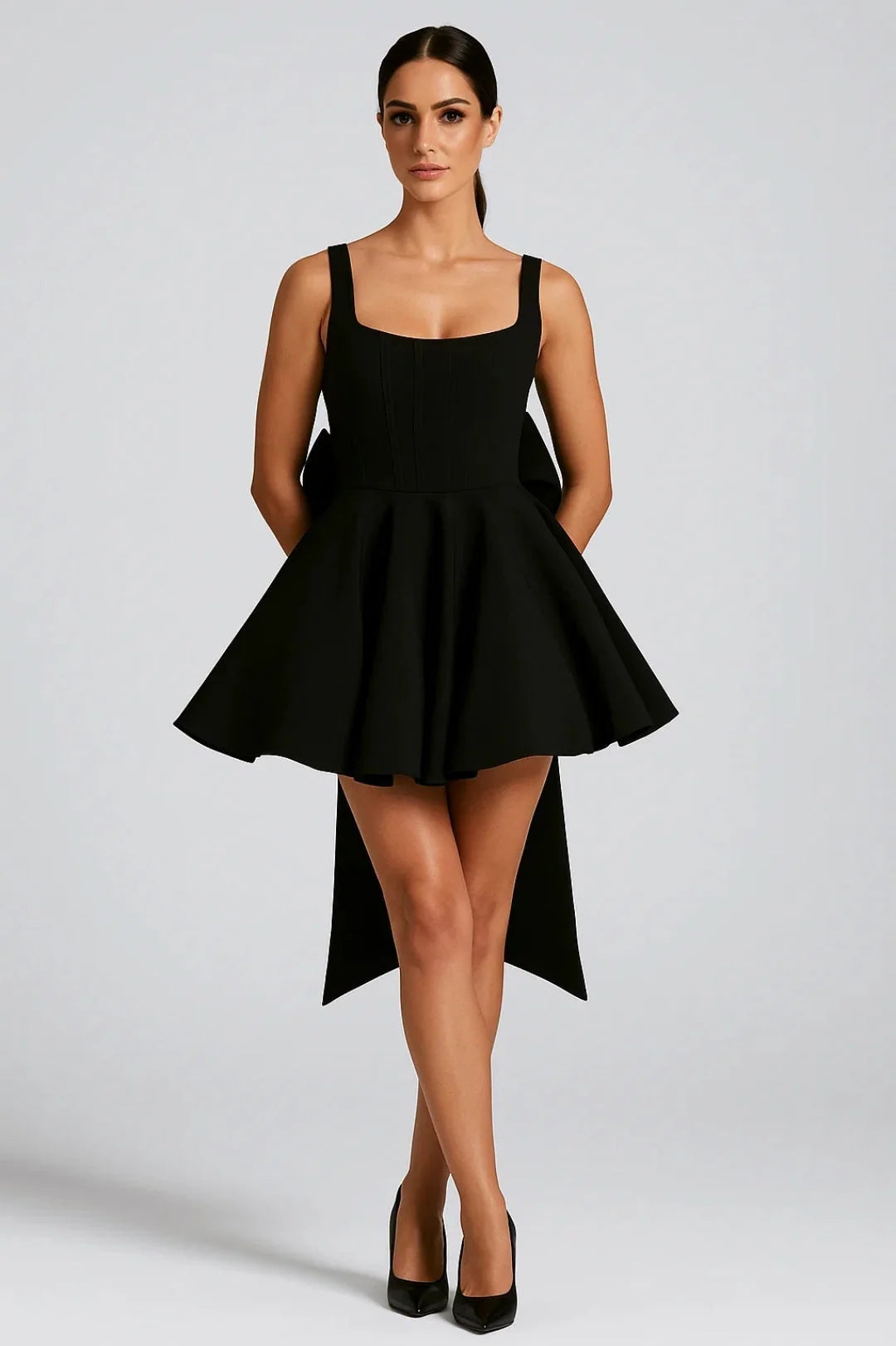 Mini Dress Bustier Bodice Flared Skirt Back Bow