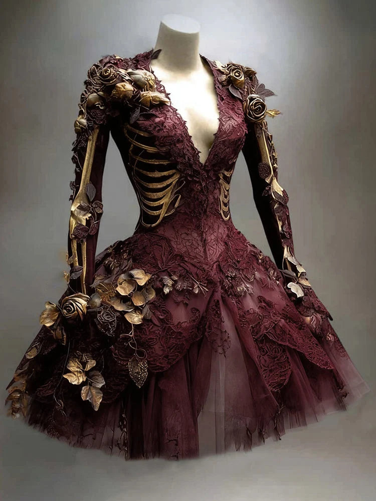 Mini Dress Long Sleeve Skeleton & Floral Appliqués