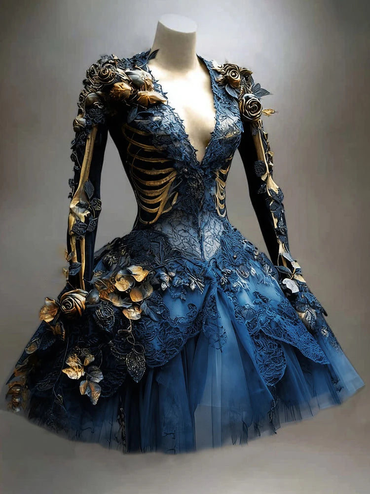 Mini Dress Long Sleeve Skeleton & Floral Appliqués