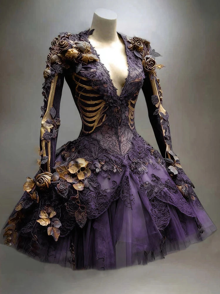Mini Dress Long Sleeve Skeleton & Floral Appliqués