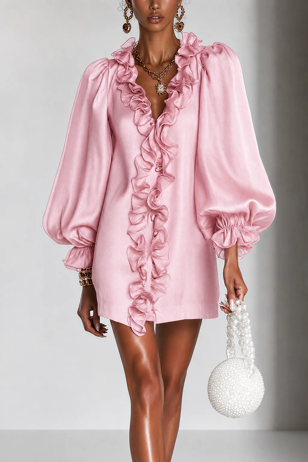 Mini Dress Ruffled Puff Sleeves Subtle Shimmer