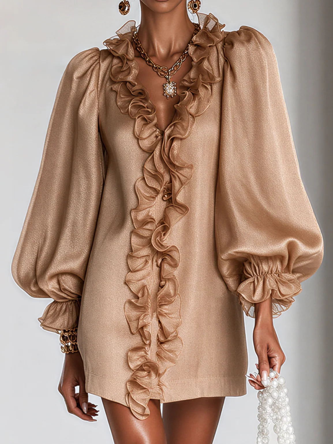 Mini Dress Ruffled Puff Sleeves Subtle Shimmer
