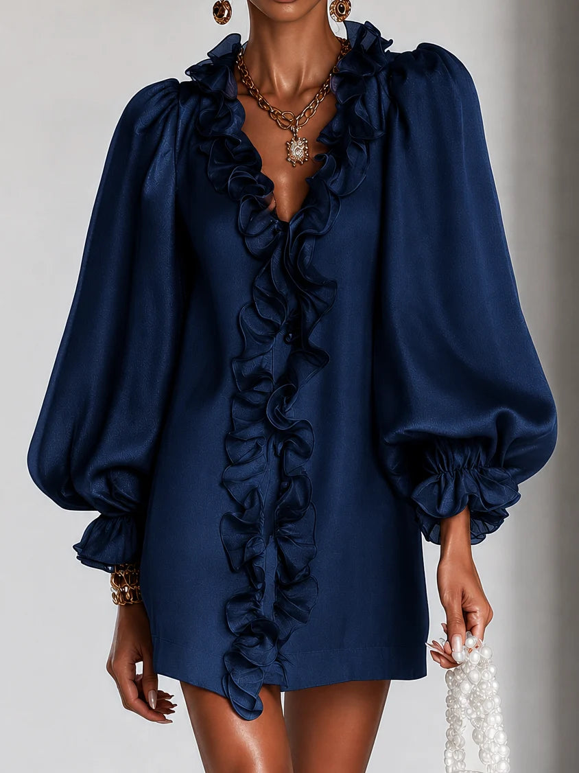 Mini Dress Ruffled Puff Sleeves Subtle Shimmer