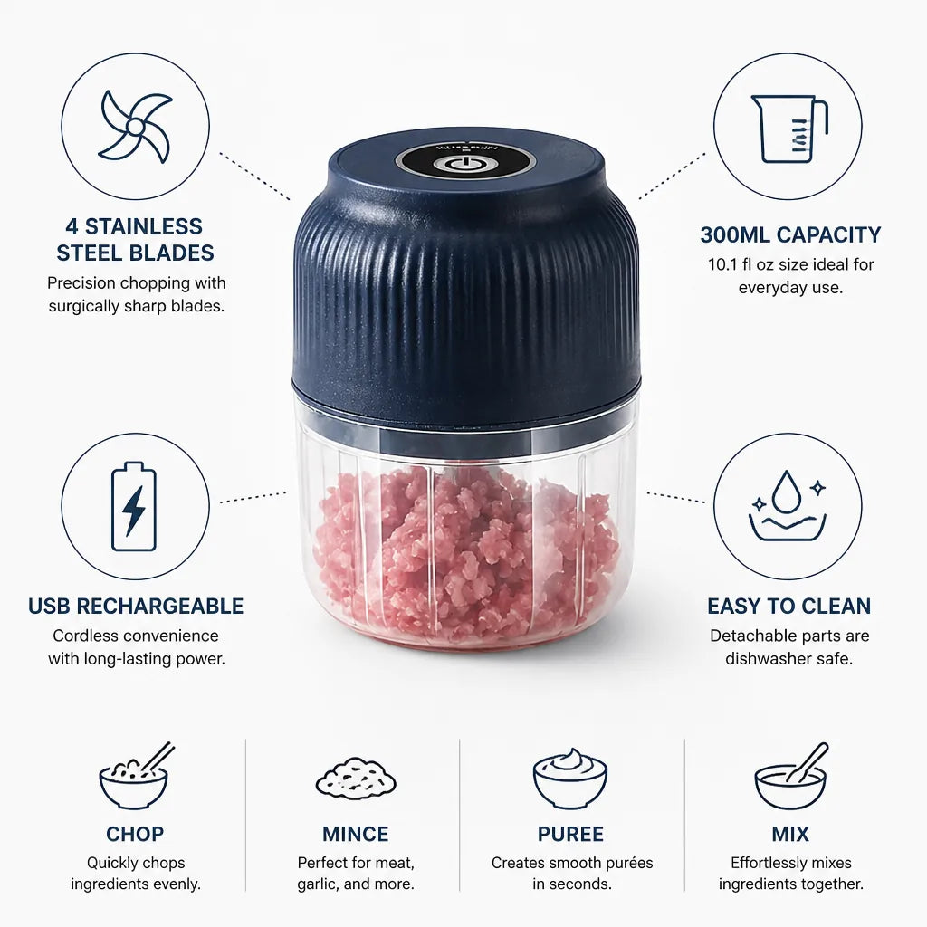 Mini Food Chopper USB Rechargeable 300ml Stainless Steel Blades