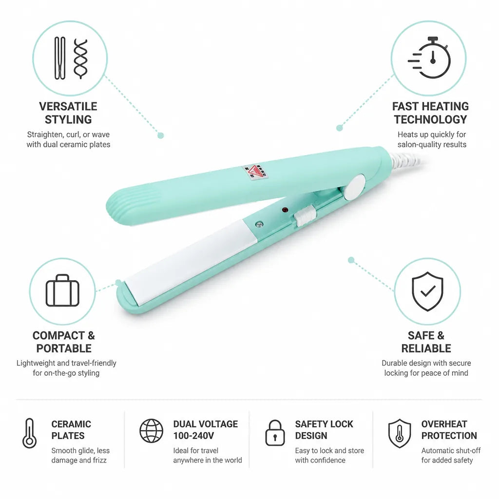 Mini Hair Straightener 2-In-1 Ceramic Fast Heating