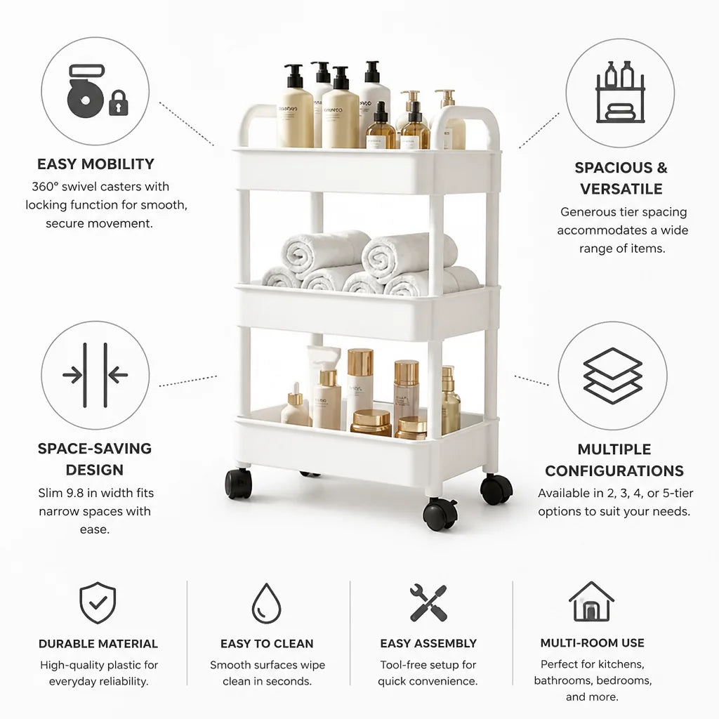 Mobile Organizer Cart Space-Saving Multiple Tiers 360° Locking Casters