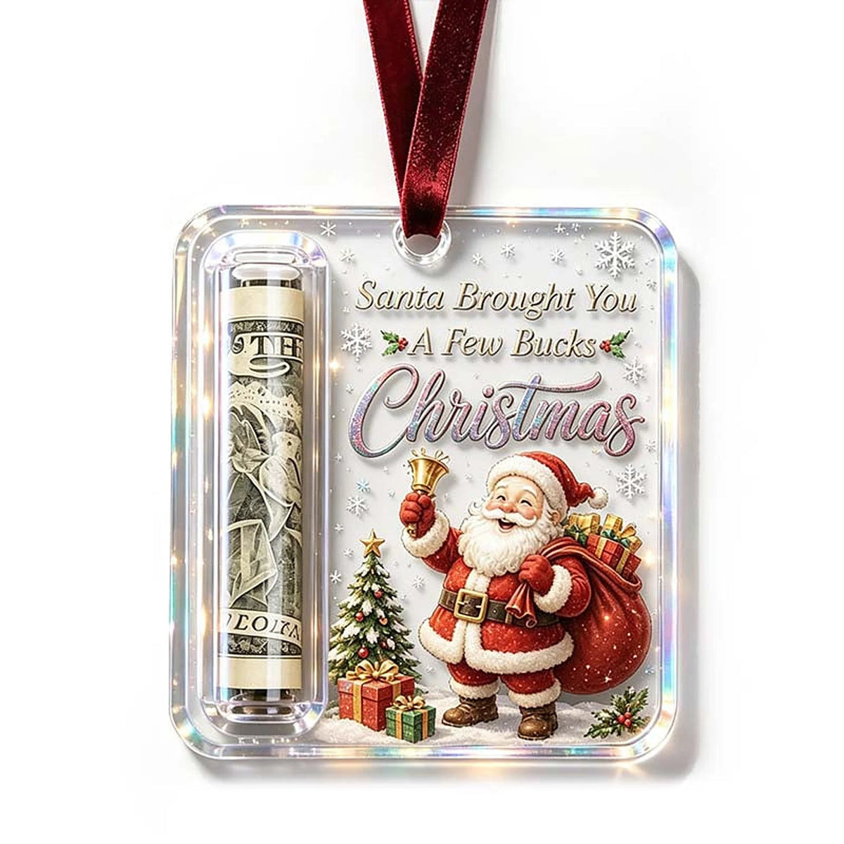 Money Holder Ornament Clear Acrylic With Hanging Ribbon