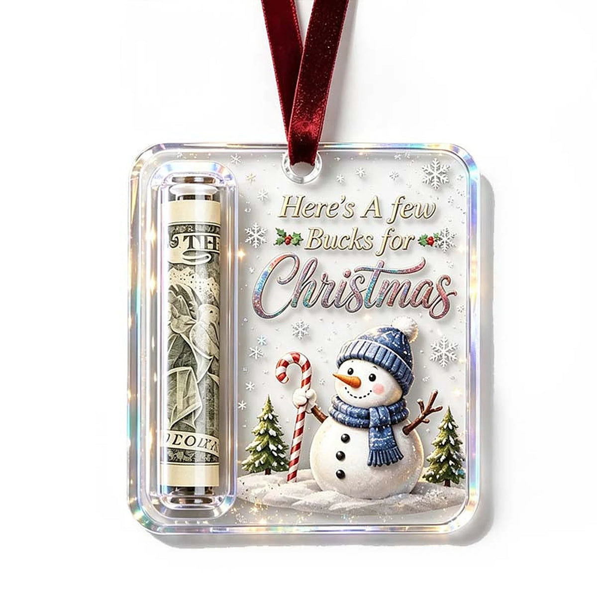 Money Holder Ornament Clear Acrylic With Hanging Ribbon