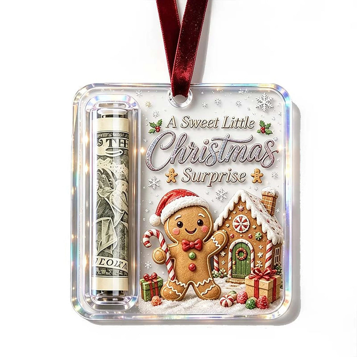 Money Holder Ornament Clear Acrylic With Hanging Ribbon