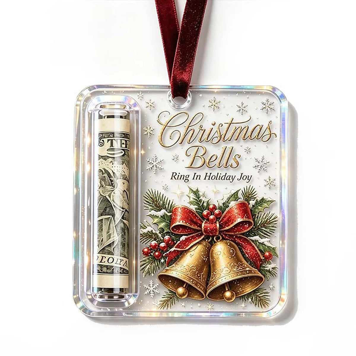 Money Holder Ornament Clear Acrylic With Hanging Ribbon