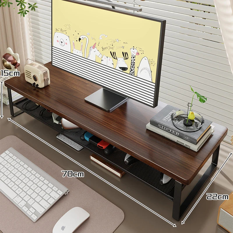 Monitor Stand Wood Top Ventilated Mesh Storage Shelf