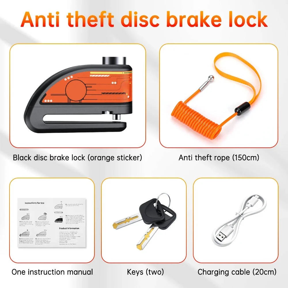 Motorcycle Disc Lock 120 Decibel Alarm Rechargeable IP67 Water Resistant