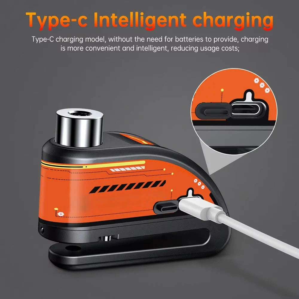 Motorcycle Disc Lock 120 Decibel Alarm Rechargeable IP67 Water Resistant