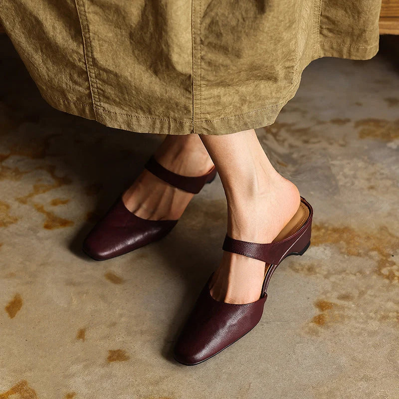 Mules Lambskin Leather Square Toe Wedge Heel