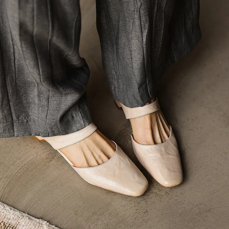 Mules Lambskin Leather Square Toe Wedge Heel