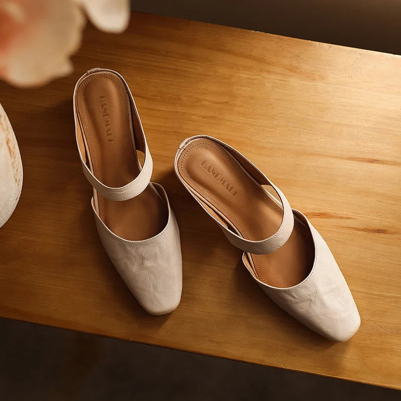 Mules Lambskin Leather Square Toe Wedge Heel