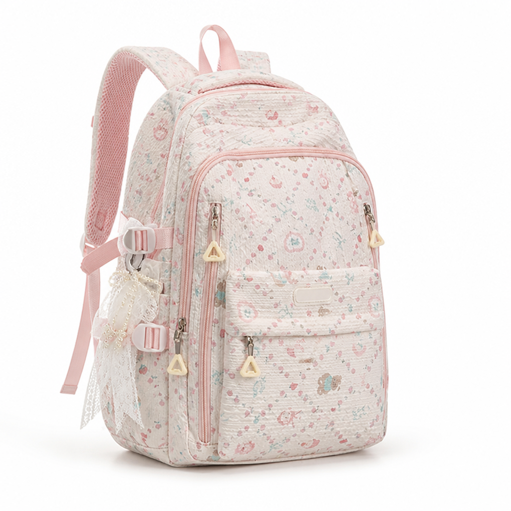 Multi-Compartment Floral Print School Backpack (Padded Straps)