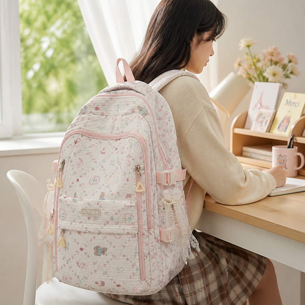Multi-Compartment Floral Print School Backpack (Padded Straps)