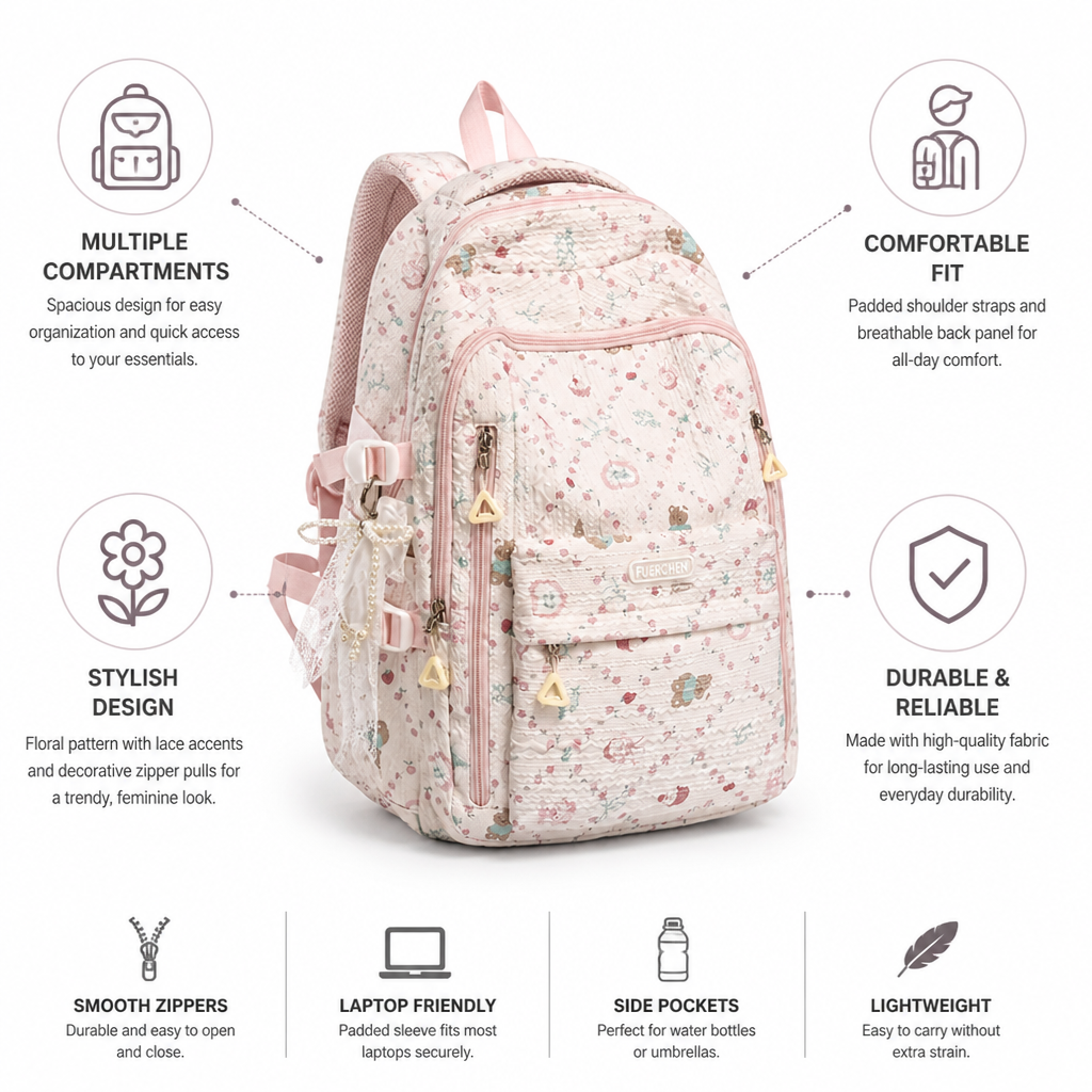 Multi-Compartment Floral Print School Backpack (Padded Straps)