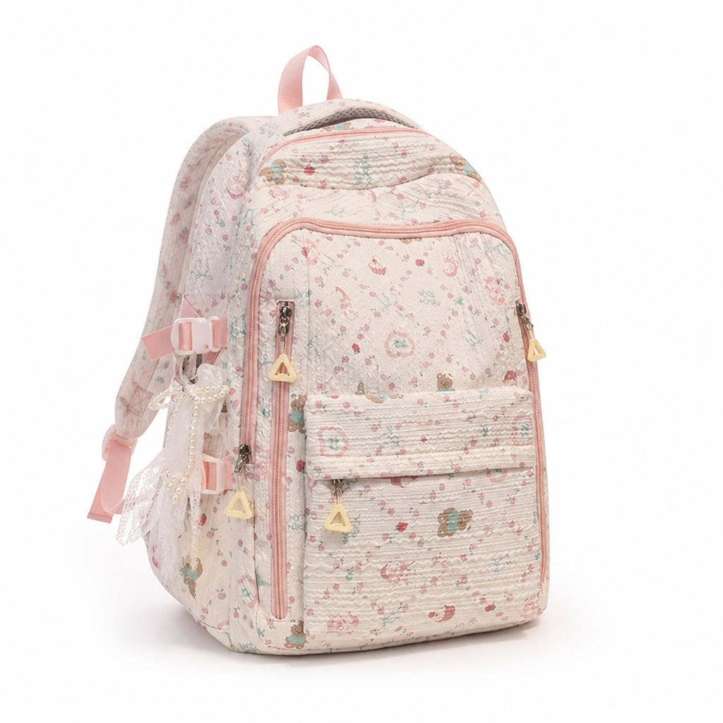 Multi-Compartment Floral Print School Backpack (Padded Straps)