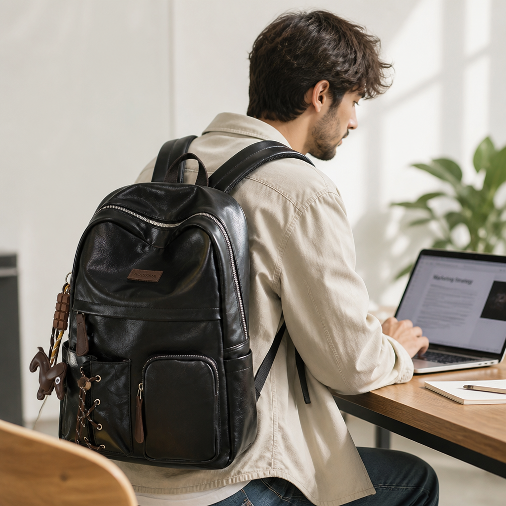 Multi-Compartment Leather School Backpack