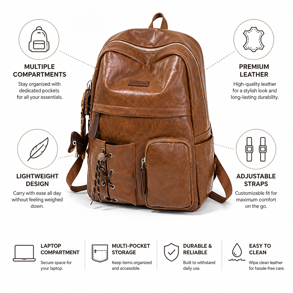 Multi-Compartment Leather School Backpack