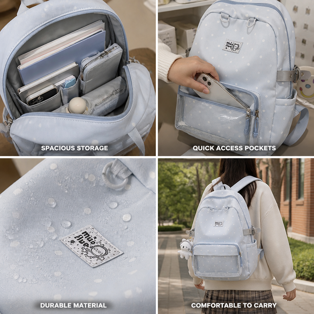 Multi-Pocket Polka Dot School Backpack