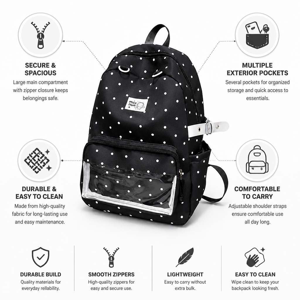 Multi-Pocket Polka Dot School Backpack