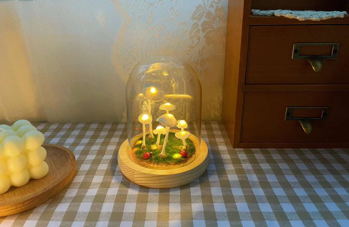 Mushroom Table Lamp Glass Dome Cordless Warm White Light