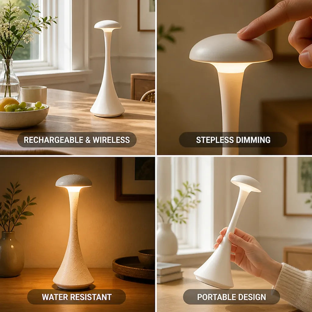 Mushroom Table Lamp Rechargeable Stepless Dimming & Color-Changing