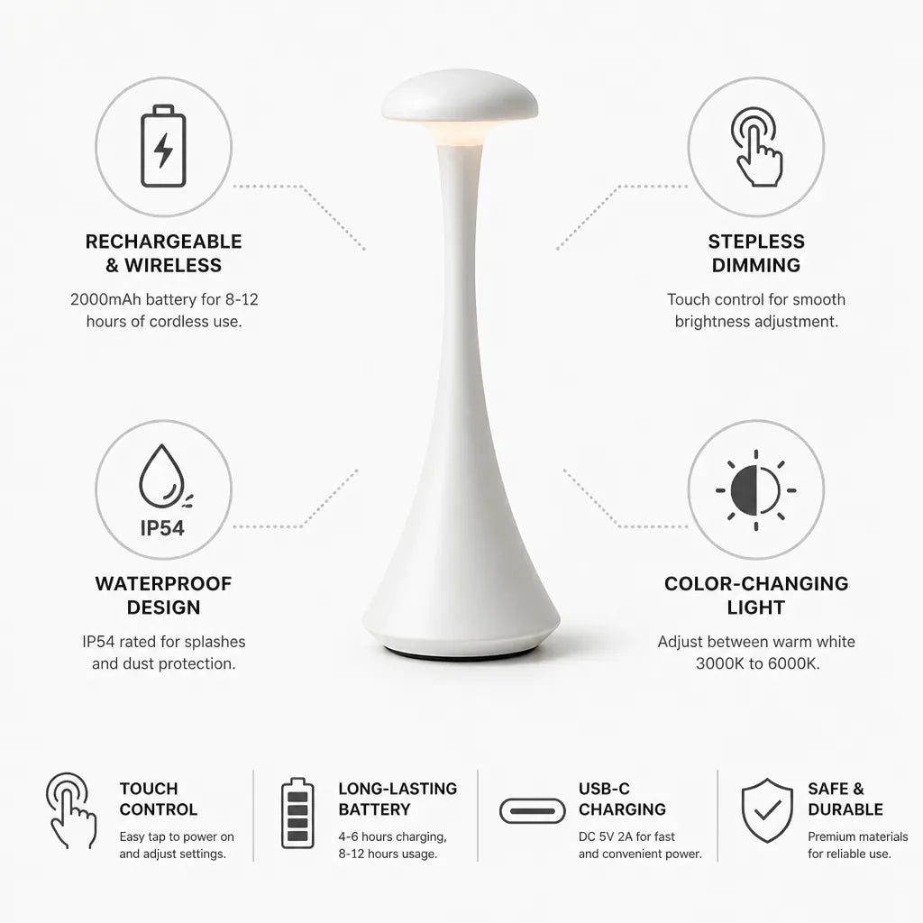 Mushroom Table Lamp Rechargeable Stepless Dimming & Color-Changing