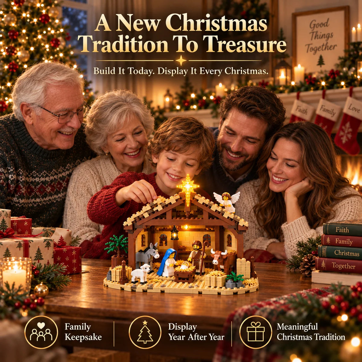 Nativity Building Block Set Light-Up Stable & Bethlehem Star