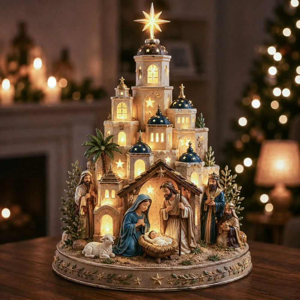 Nativity Scene Illuminated Resin Church Tower