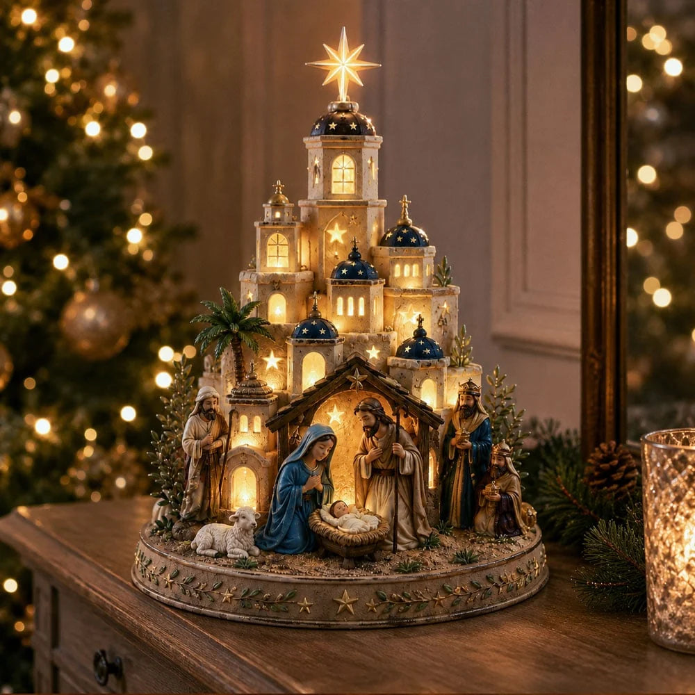 Nativity Scene Illuminated Resin Church Tower