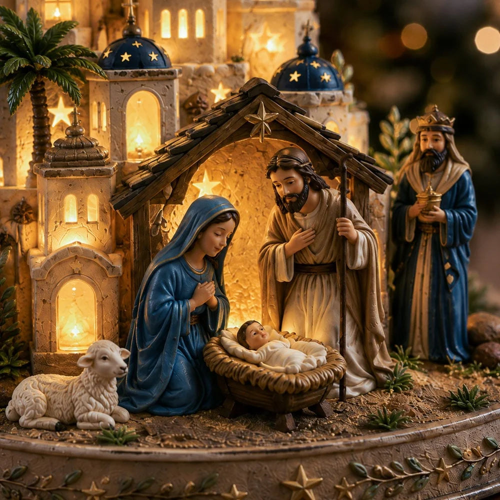 Nativity Scene Illuminated Resin Church Tower
