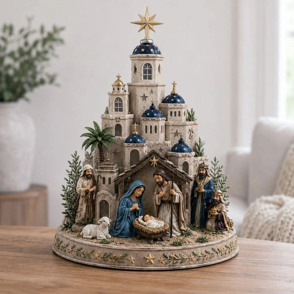 Nativity Scene Illuminated Resin Church Tower