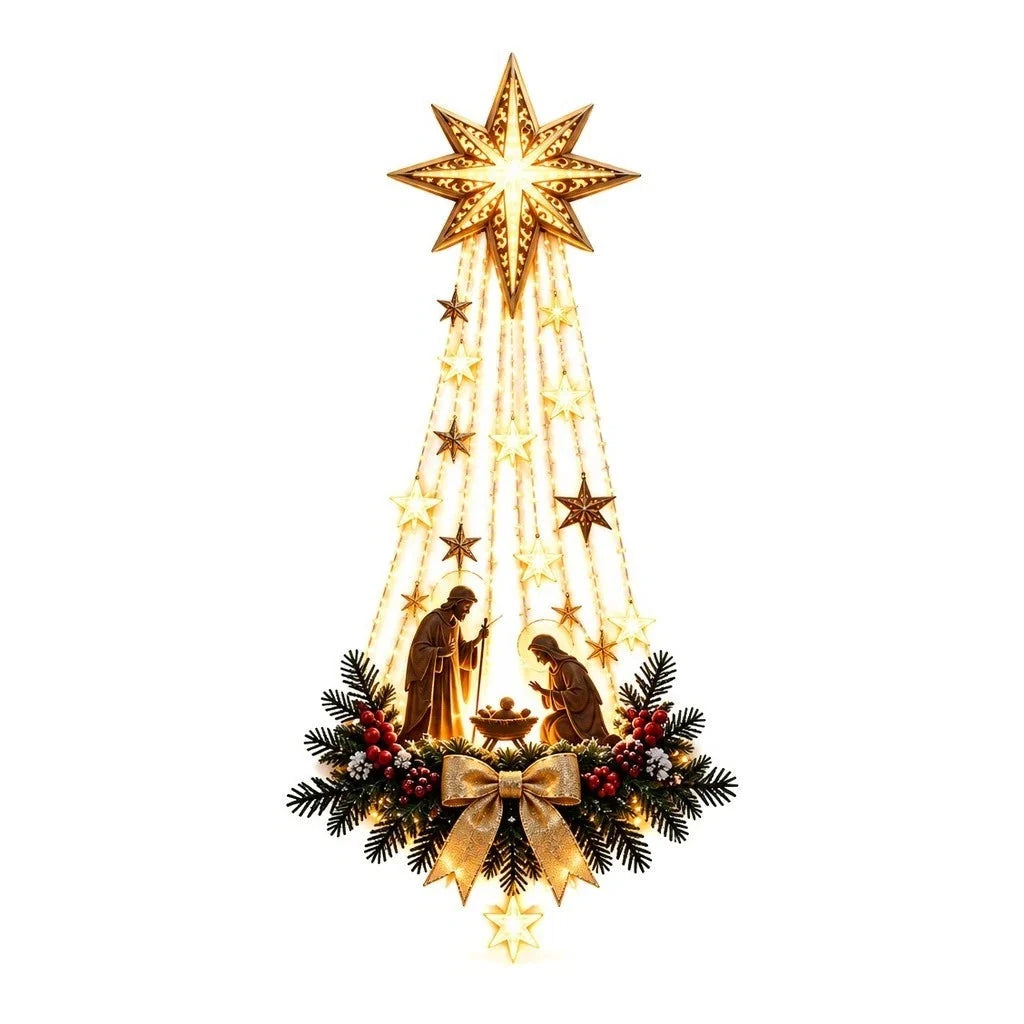 Nativity Wall Decor Warm Star Lights & Pine Accents