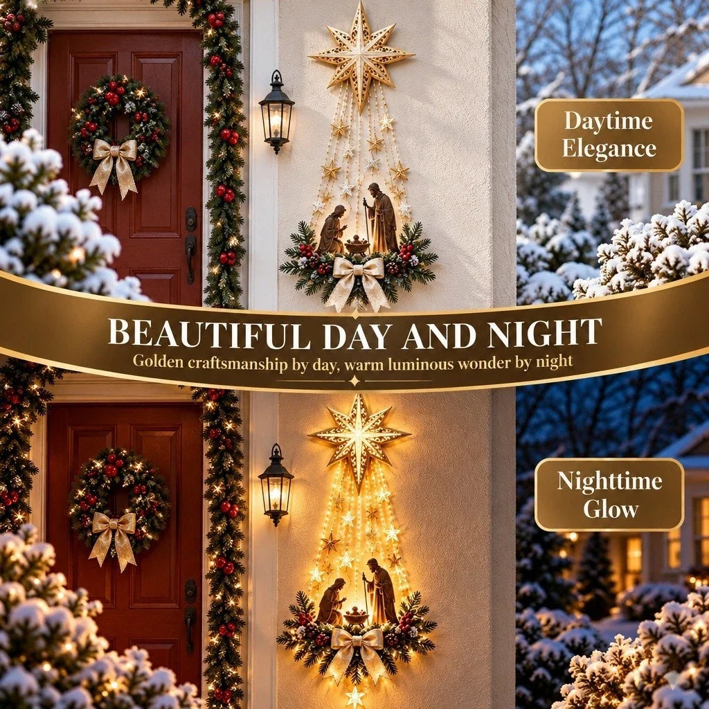 Nativity Wall Decor Warm Star Lights & Pine Accents