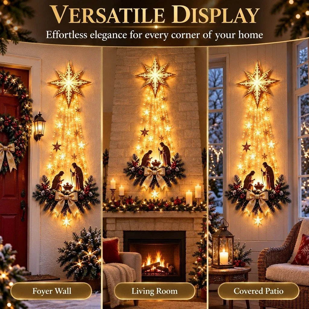 Nativity Wall Decor Warm Star Lights & Pine Accents