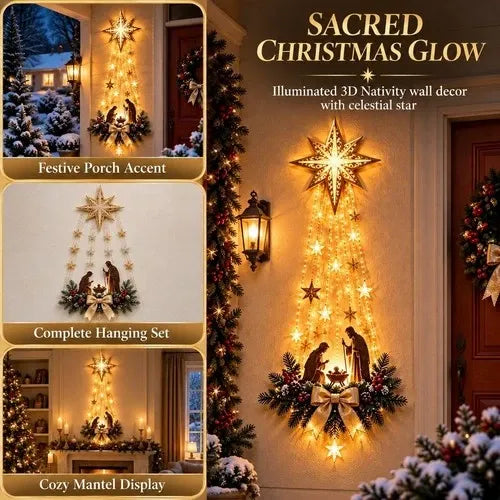 Nativity Wall Hanging Battery-Powered LED Lights Evergreen Trim & Red Berries