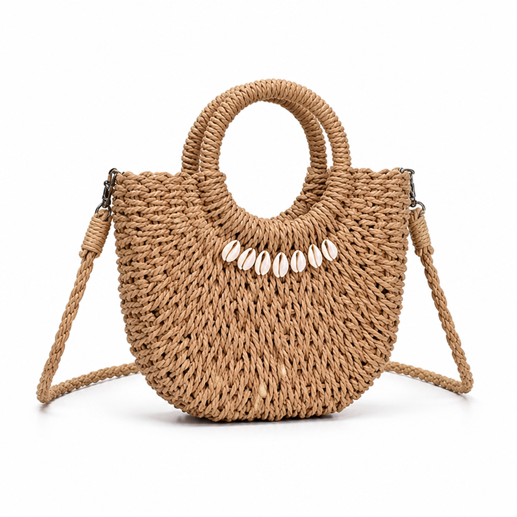 Natural Fiber Shell-Embellished Handbag (Detachable Strap)