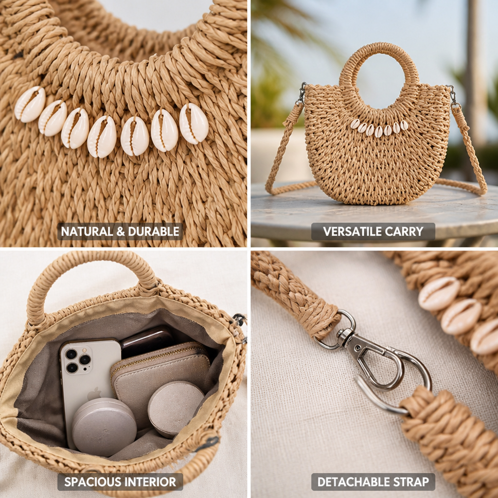 Natural Fiber Shell-Embellished Handbag (Detachable Strap)